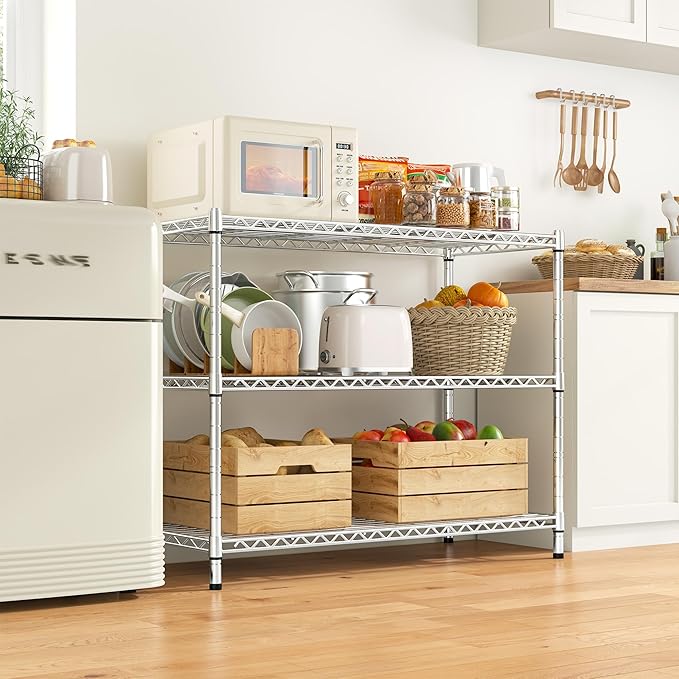 3- Shelf Metal Shelving Unit 35.6Wx14Dx36H,Adjustable Storage Shelves Heavy Duty Garage Steel Shelving for Office,Wire Rack Small Shelf for Kitchen Shelves Laundry Bathroom Pantry Closet,Chrome