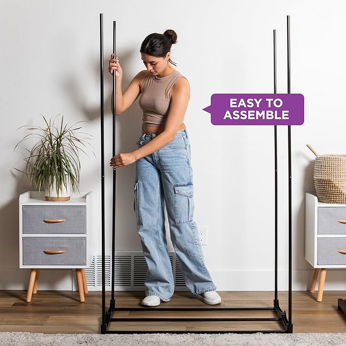 HOLDN’ STORAGE Portable Wardrobe Closet - 50 lb Capacity, Internal Heavy Duty Metal Rod, Zipper & Clear Window, Durable Clothes Organizer, Tool-Free Easy Assembly, Black Canvas Cover