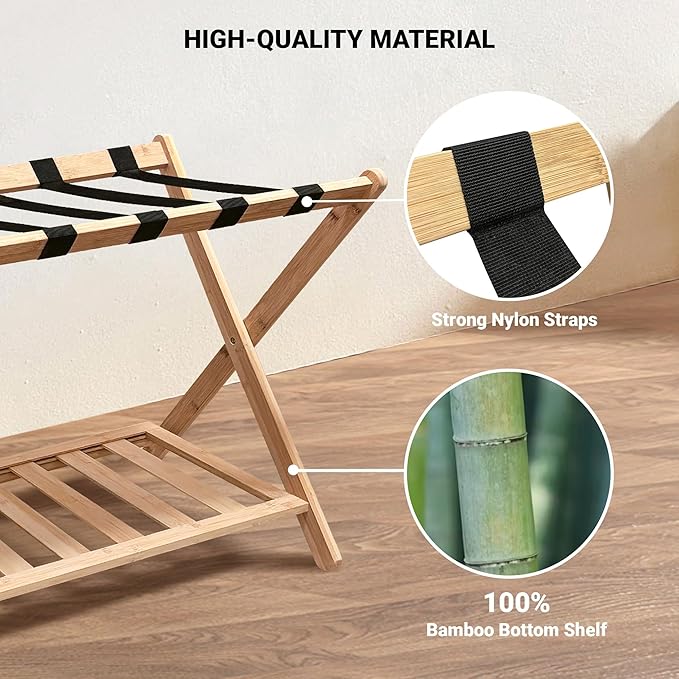 Fully Assembled 26.77" Luggage Stand, Bedroom, Hotel - Natural Bamboo Suitcase Stand, Foldable with 2 Layers - Luggage Racks for Suitcases, up to 165 lbs