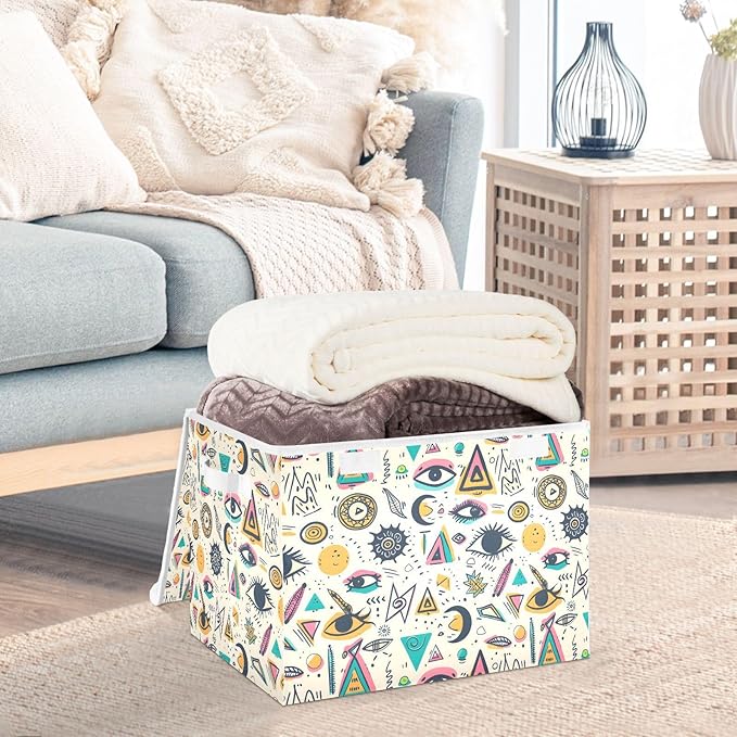 senya Large Storage Bins with Linen Collapsible Foldable Storage Cubes Fabric Closet Organizer Containers box with Flip-Top Lid for Home Bedroom Office 16.7 x 12.6 x 11.8in (Triangle Eye)