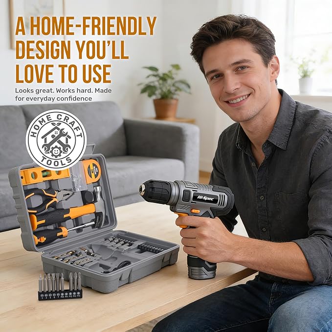 Hi-Spec 8V Cordless Drill Set & Home Tool Kit – USB Rechargeable Electric Power Drill Driver, Compact Tool Set with Essential Accessories, Gray, Perfect for DIY Repair, Maintenance, and Projects