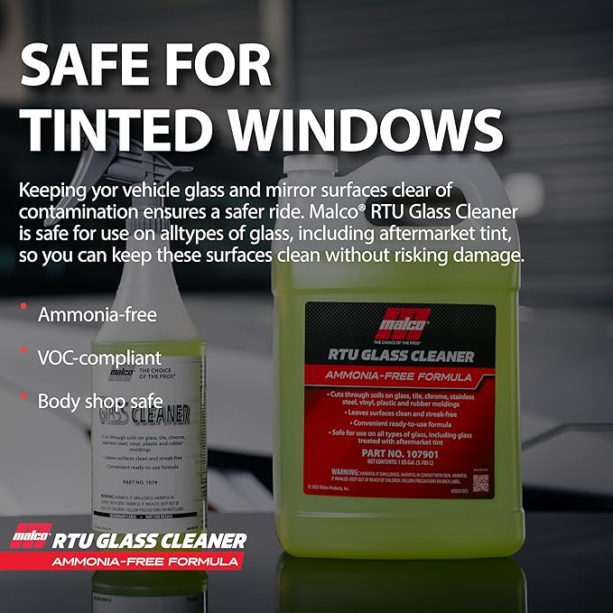 Malco Ready-To-Use Glass Cleaner - Streak-Free Removal of Dirt, Grease, Oils, & Bug Debris from Glass, Chrome, Tile, Stainless Steel, Vinyl, Rubber/Ammonia-Free & Tint Safe / 1 Gallon (107901)