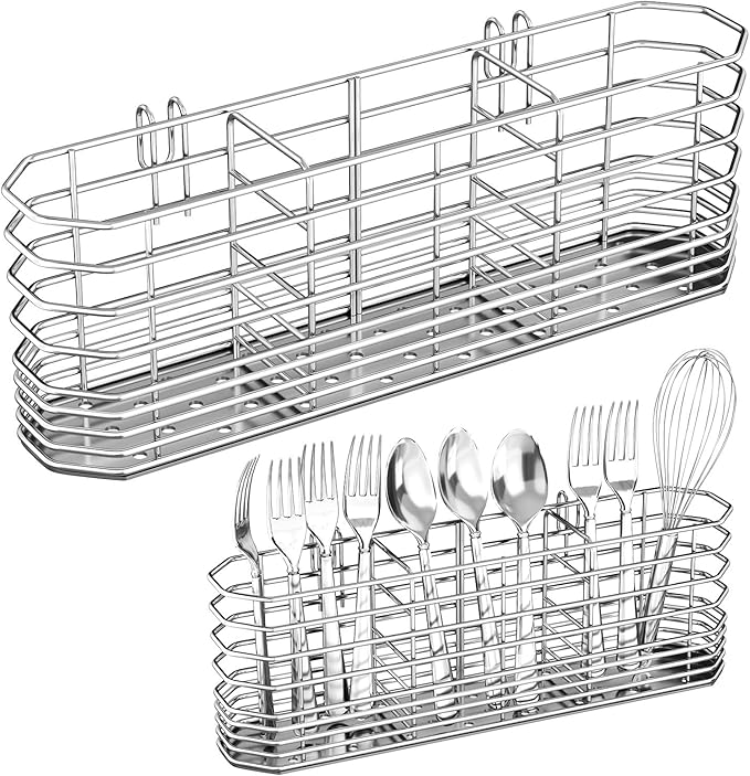 Fanbsy 304 Stainless Steel Utensil Holder, Dish Drying Rack, Kitchen Utensil Organizer, Knife and Fork Drainage Rack, Kitchen Drainage Basket Accessories, with Hooks, Rust Proof