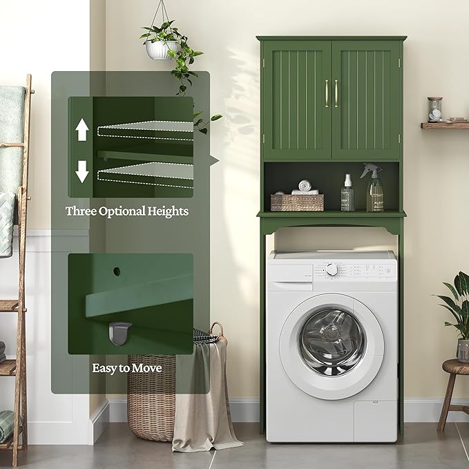 Yaheetech Over The Toilet Storage Cabinet, Over Toilet Cabinet with Adjustable Shelf, Bathroom Storage Organizer with Double Wood Doors, Green
