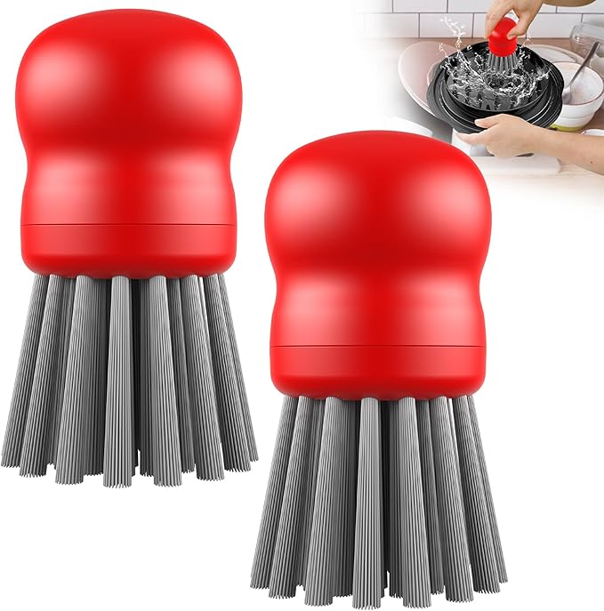 Mini Dish Brush for Cleaning Chicken Shredder, Palm Brush Dish Scrubber with Ergonomic Grip, Kitchen Brush for Washing Dishes, Pans, Pots, Sink (2, Red)