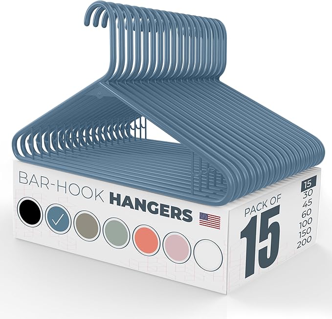 Neaties Plastic Hangers 15 Pack – Made in The USA – 6lb Capacity Standard Clothes Hangers with Strap Hooks for Dresses, Lingerie, Shirts, Pants, and Jackets – Blue