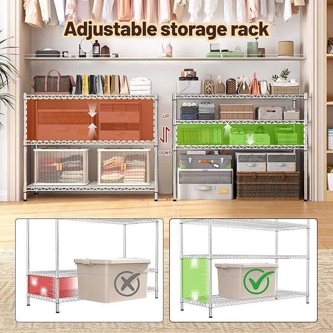 3- Shelf Metal Shelving Unit 35.6Wx14Dx36H,Adjustable Storage Shelves Heavy Duty Garage Steel Shelving for Office,Wire Rack Small Shelf for Kitchen Shelves Laundry Bathroom Pantry Closet,Chrome,2pc