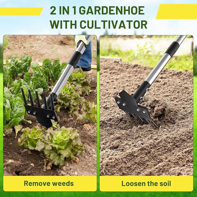 2-in-1 Heavy-Duty Weed Puller Tool with 5-Tine Rake – 30" to 60" Adjustable Handle, Hoes for Gardening, Hoe Garden Tools for Loosening Soil, Planting, Weeding