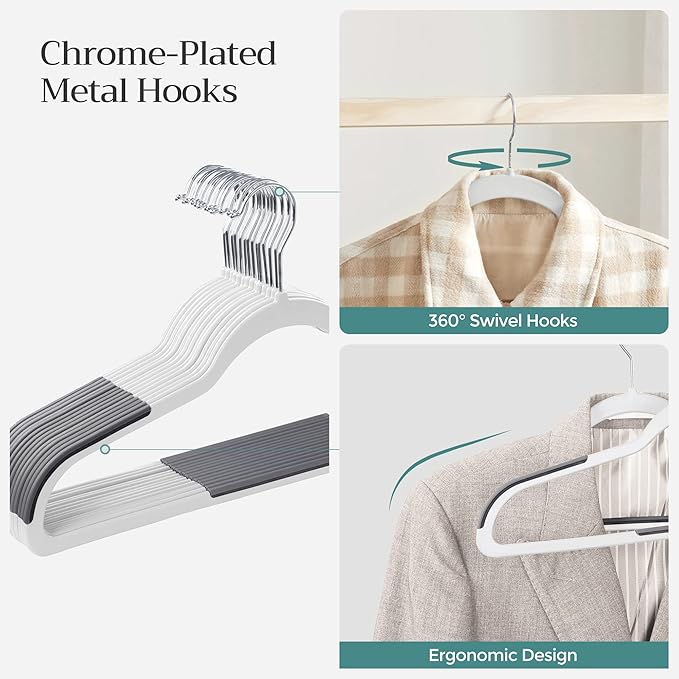 SONGMICS Clothes Hangers, Pack of 50 Plastic Coat Hangers, Space-Saving, Cloud White and Dark Gray UCRP050W50