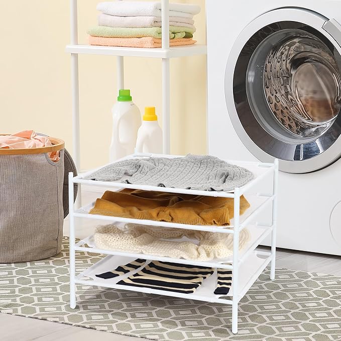 Storage MANIAC Sweater Drying Rack, Mesh Clothes Drying Rack, Stackable Laundry Drying Rack, Lay Flat Dryer for Delicates, Portable Dry Rack for Indoor or Outdoor, White, 4-Pack