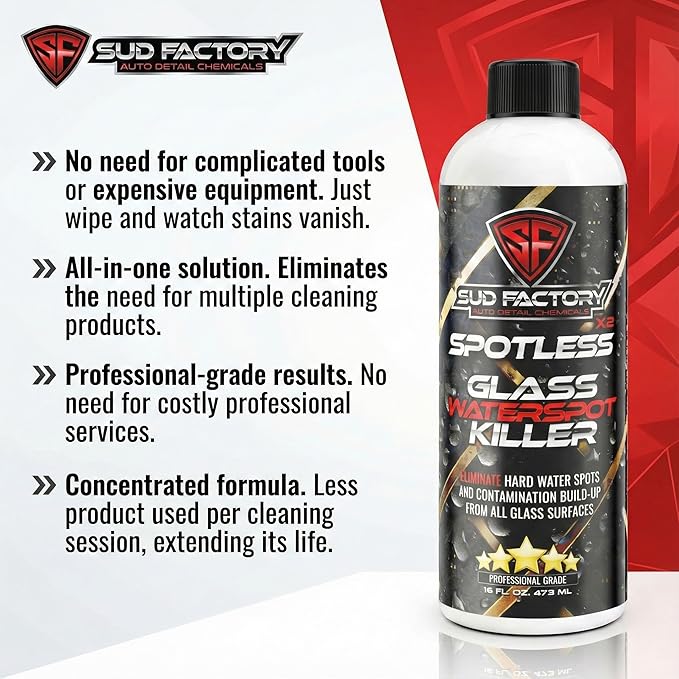 Sud Factory Hard Water Spot Remover for Glass Spotless X2 - Removes Water Stains from Shower Doors, Car Windows, Windshields - Professional Strength 16oz