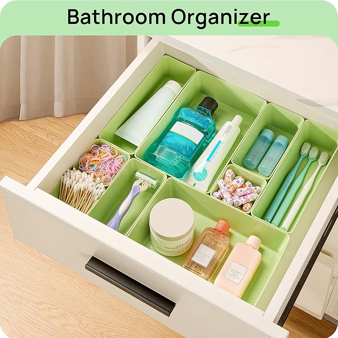 Vtopmart 25 PCS Plastic Drawer Organizers Set, 4-Size Versatile Bathroom and Vanity Drawer Organizer Trays, Storage Bins for Makeup, Bedroom, Kitchen Gadgets Utensils and Office