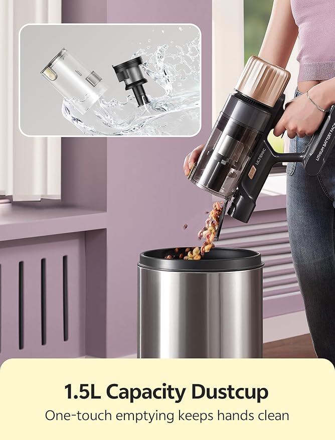 Ultenic Cordless Vacuum Cleaner, 600W 60KPA 65min Runtime, Stick Vacuum with Green Light, Self-Standing & 180° Lay-Flat, Anti-Tangled Brush, Vacuum Cleaners for Home/Hard Floor/Carpet/Pet Hair, U15