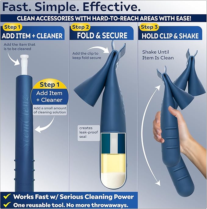 Hygenix StemClenz Reusable Cleaning System Bundle with Hytek Caps | Shake-to-Clean for Small Glass, Tubes & Accessories (Blue)