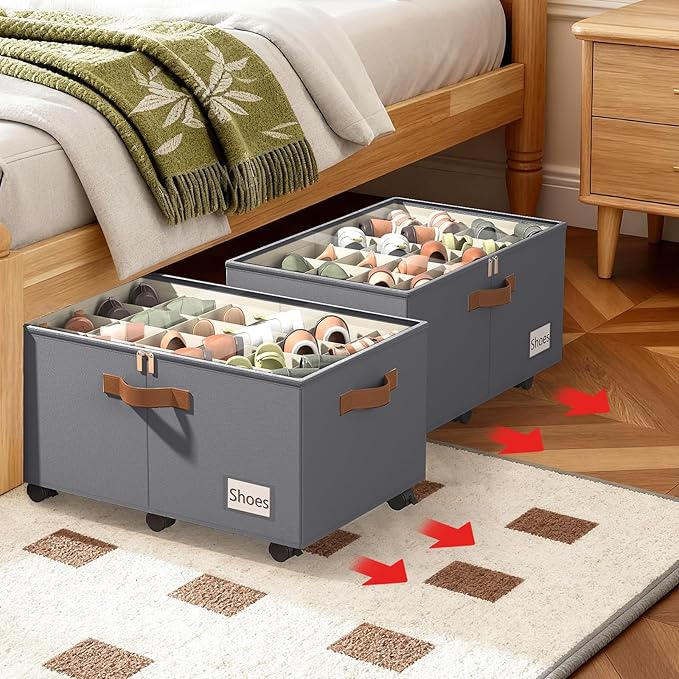 Foyego Shoe Organizer for Closet, Shoe Storage Organizer with Wheels and Adjustable Dividers, Stackable Shoe Storage Box with Clear Cover, Foldable Closet Shoe Organizer Fits up to 24-48 Pairs, Gray