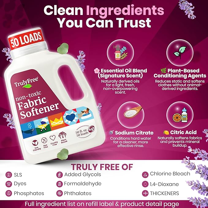 Truly Free Natural Fabric Softener | Non-Toxic for Babies & Kids Sensitive Skin | Plant-Based Laundry Softening Conditioner | Safe, Gentle & Chemical-Free | Signature Scent | 1 Pack with Jug