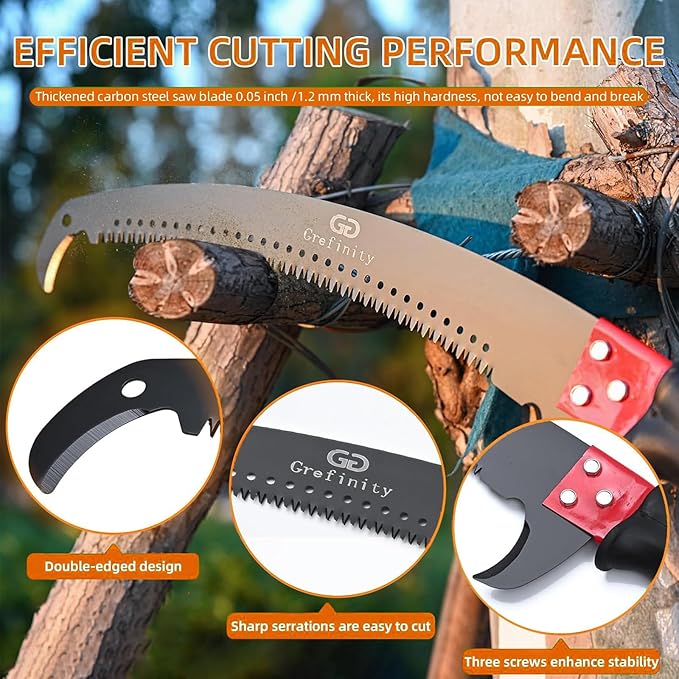 Manual Pole Saw for Tree Trimming, 27 FT Manual tree purner with 8 Fiberglass Handles, Sharp steel Blade and Scissors, Easy to Carry and Extendable Design for Tree Maintenance, Orange