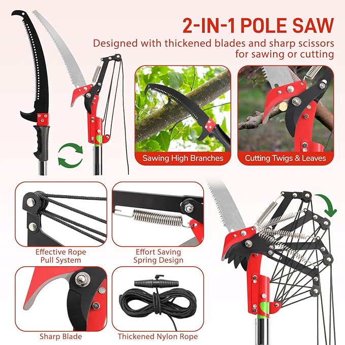 VINGLI Manual Pole Saw for Tree Trimming, 26 ft Extendable Tree Pruner, Sharp Steel Blade and Scissors, High Tree Branch Cutter with Lightweight 8 Fiberglass Long Handles, for Pruning Palms and Shrubs