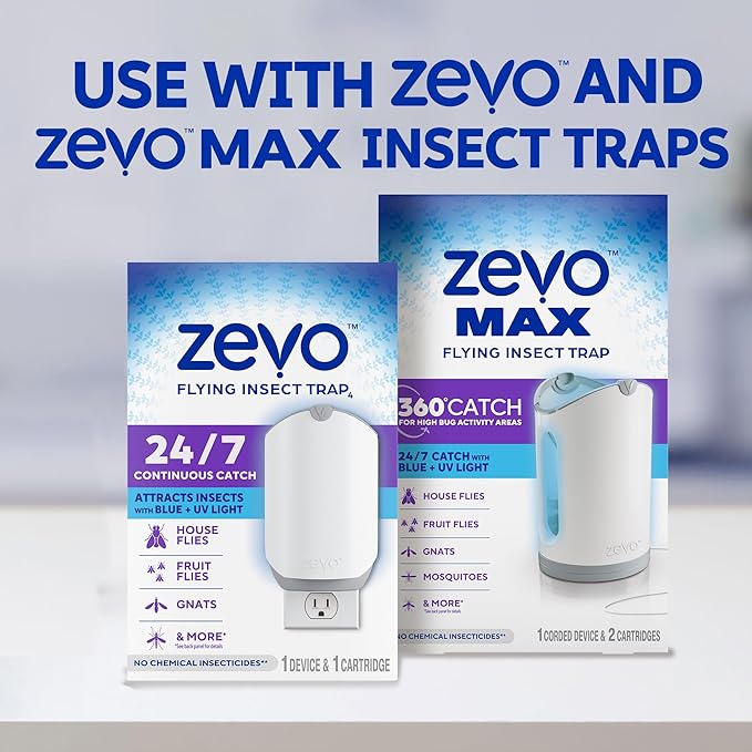 Zevo Flying Insect Trap Official Refill Cartridges - Fits Both Zevo Trap & MAX Indoor Fly Trap - Authentic Trap+Lock Technology to Catch Gnats, House & Fruit Flys (4 Official Refill Cartridges)