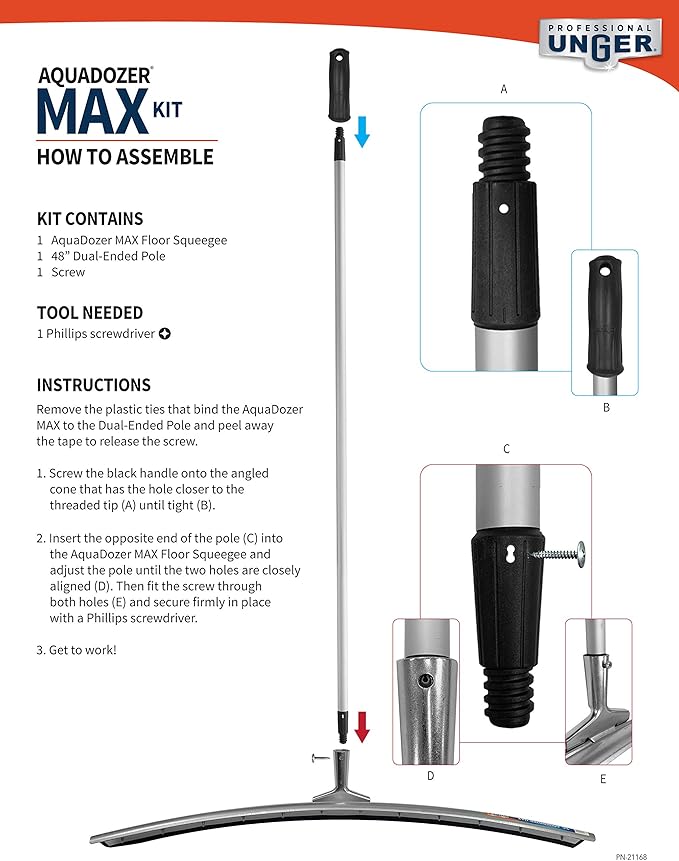 Unger Professional AquaDozer Max Kit, 36” Smooth Surface Curved Floor Squeegee and 48” Dual End Pole, Rubber Blade Scrubber and Broom for Concrete, Asphalt, and Tough Cleaning Jobs