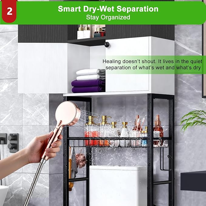 Over-The-Toilet Storage Rack, 4-Tier Bathroom Organizer Shelf Over Toilet with Barn Doors Cabinet and Basket, Freestanding Space Saver Bathroom Shelves with Paper Holder Above Toilet (Black & White)