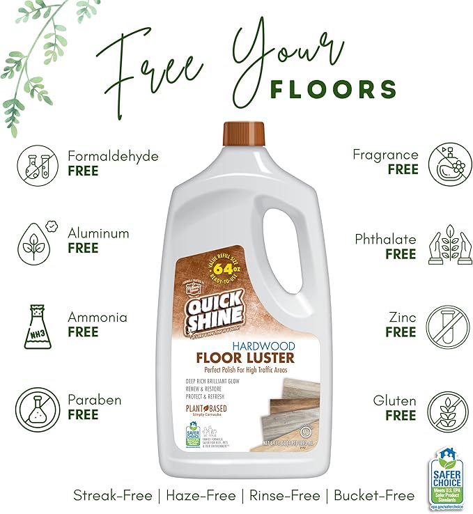 Quick Shine Hardwood Floor Luster 64oz, 2Pk | Plant-Based Cleaner & Polish w Carnauba | Simply Squirt & Spread | Don't Refinish It & Multi Surface Deep Floor Cleaner and Wax Remover 27oz, 2Pk