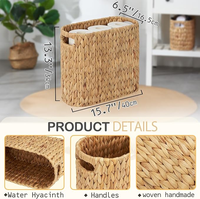 ELONG HOME Toilet Paper Storage for 9 Rolls, Water Hyacinth Wicker Toilet Paper Storage Holder, Toilet Paper Basket with Built-in Handles