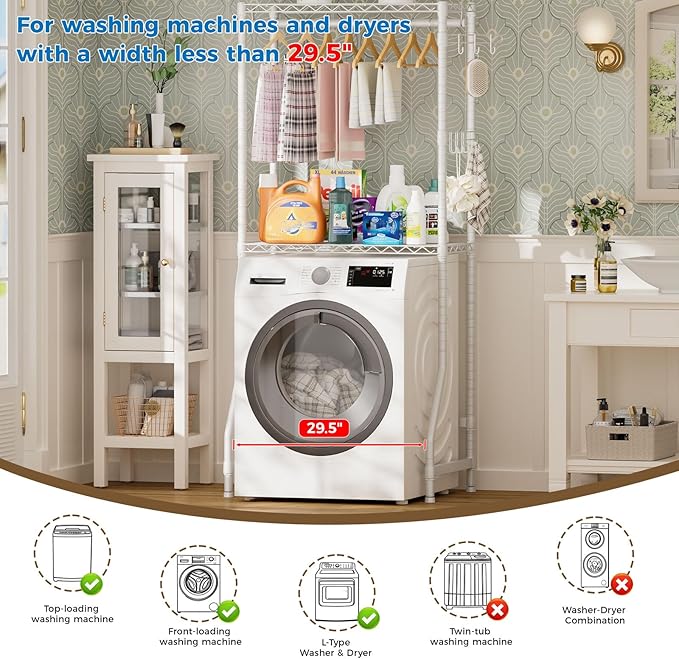 Golpart Over Washer and Dryer Shelves,2 Tier Adjustable Height Wire Shelving Laundry Room Storage Organization Clothes Drying Rack with Hanger Rod&Hooks,Space Saving Organizers Shelf,White
