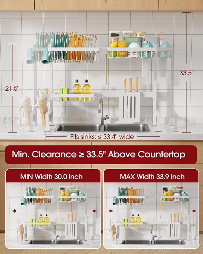Sakugi Over The Sink Dish Drying Rack - Adjustable 2 Tier Large Capacity Stainless Steel Drainer with Cutlery & Utensil Holders, Kitchen Storage & Organization, 30"-33.9" L x 11" W x 21.5" H, White