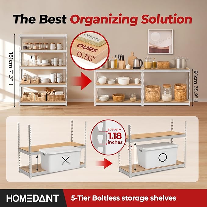 HOMEDANT 47.7" W 5 Tier Heavy Duty Garage Shelving Adjustable Metal Rack Storage Shelves Standing Shelf Unit Organizers Industrial Warehouse Basement White 1Pack