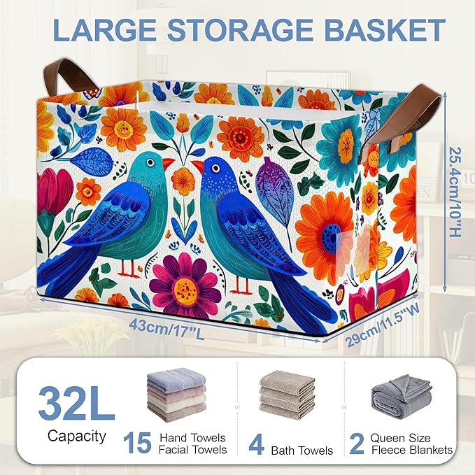Colorful Bird Flowers Collapsible Storage Box,Mexican Style Organizer Bin with Handles for Room Decoration,Bins Book Basket Box 17x11.5x10Inch