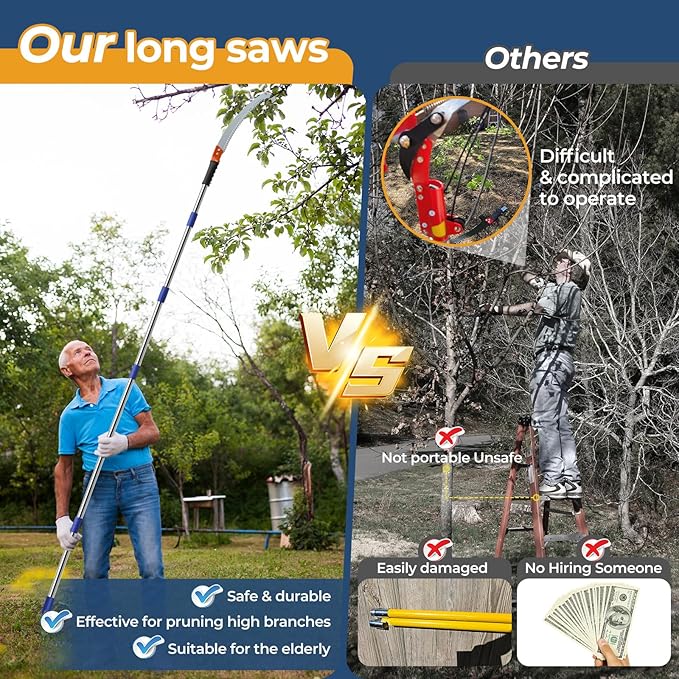 Pole Saws for Tree Trimming, 10FT Long Branch Cutter Handle Pruner, Heavy Duty Tree Trimmer Pole | Ergonomic Non-Slip Grip for Yard Garden and Patios High Branches Cutting