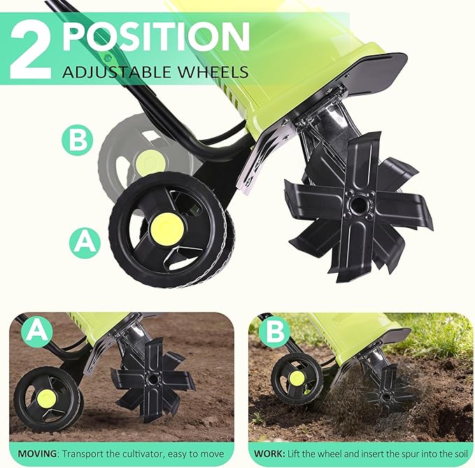 12 Inch Small Electric Corded Garden Tiller Cultivator 15 AMP Power Rototiller for Gardening with Adjustable Wheels