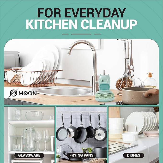 Dish Scrubber with Soap Dispenser, 2 Replaceable Sponges Included, Refillable Push-Button Handheld Sponge Scrubber, Palm Grip Kitchen Sink Cleaner for Dishes, Pots, Pans & Nonstick