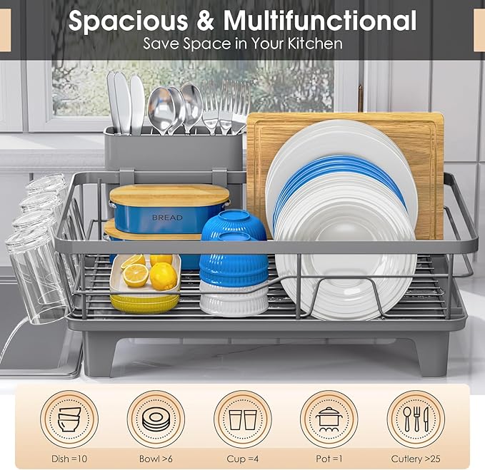 Urackify Dish Drying Rack for Kitchen Counter, Sink Dish Rack with Drainboard, Large Dish Drainer with Cups Holder, Home Countertop Plate Dryer Storage Rack with Cutlery Holder, Gray