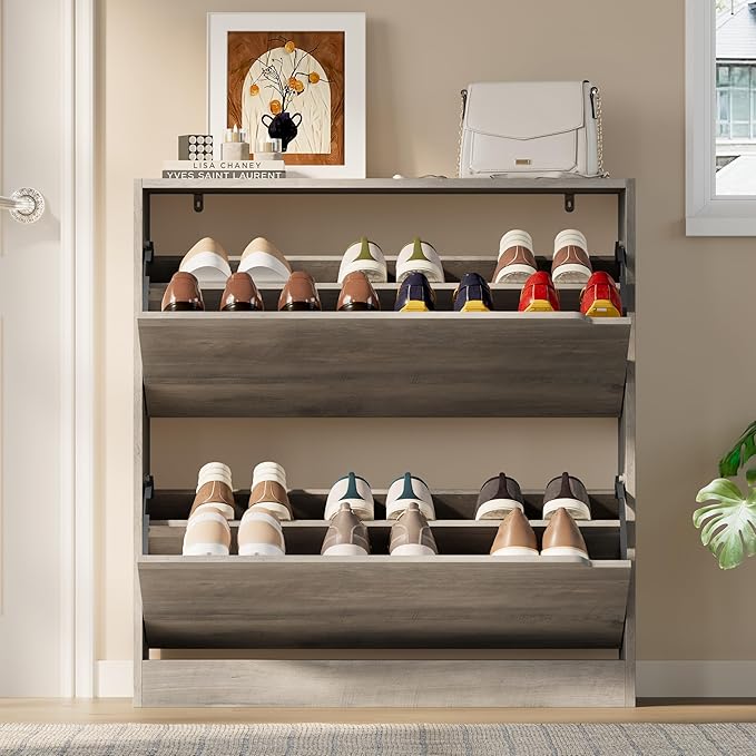 BORNOON Shoe Cabinet with 2 Flip Drawers, Slim Narrow Shoe Storage Cabinet, Freestanding Shoe Organizer with Adjustable & Removable Shelves, Top Display Shelf for Entryway, Hallway, Foyer, Closet