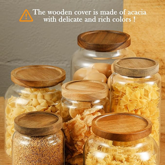 Labina Glass Storage Container Airtight Food Jars Kitchen Canister with Wood Lids, 47 Oz Wide Mouth Pantry Organization Glass Jar for Flour, Sugar, Cookie, Spagetti, Nuts and Candy