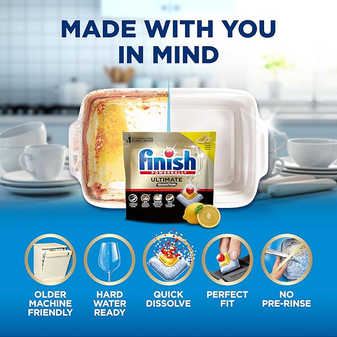 Finish Ultimate Quantum Dishwasher Pods, New & Improved Formula, Dishwasher Detergent Dish Soap, Removes Burnt-On & Dried-On Stain, Degreasing & Scrubbing Power, Lemon Scent, 21 Count