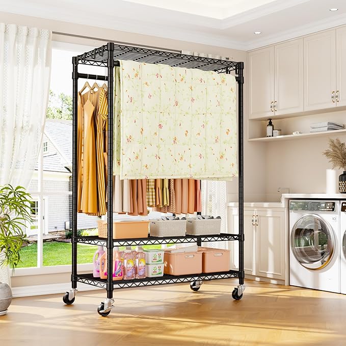 ULIFHOME P7 Rolling Clothes Rack, Clothing Racks for Hanging Clothes, Heavy Duty Garment Rack with Wheels, 3 Tiers Freestanding Portable Closet Rack 45''W × 20.5''D × 80.5''H, Max Load 480 lbs, Black