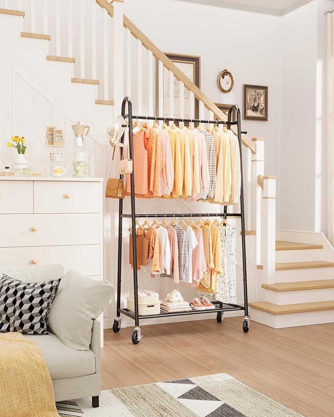 Sakugi Metal Clothes Rack - Clothing Racks for Hanging Clothes with Two Hanging Rods, 4 Hooks & Mesh Shelf, Triangular Coat Rack for Bedroom, Closet, Laundry Room, 36.5" x 16.9" x 70.3",Black