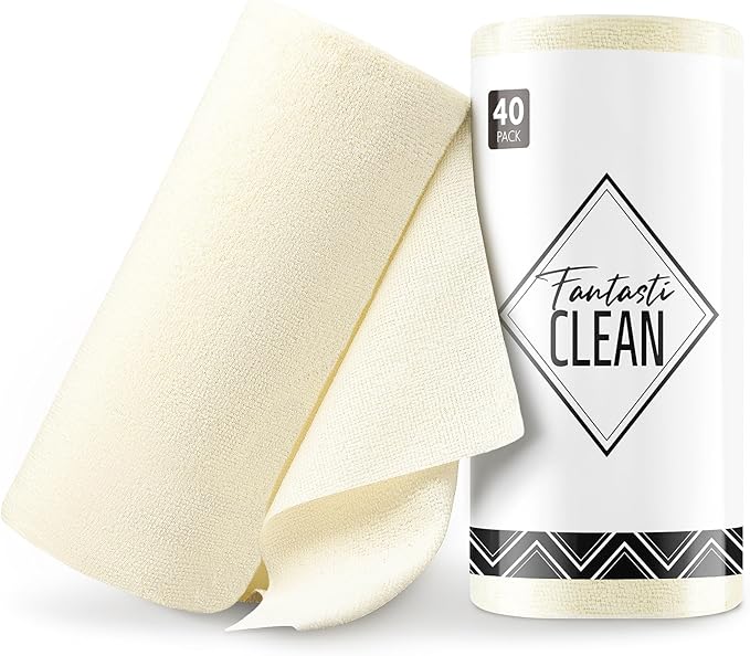 Fantasticlean Microfiber Cleaning Cloth Roll -40 Pack, Tear Away Microfiber Towels, 12" x 12", Reusable, Washable, Scratch Free, Ultra Absorbent Dishcloth for All-Around Cleaning Supplies (Beige)