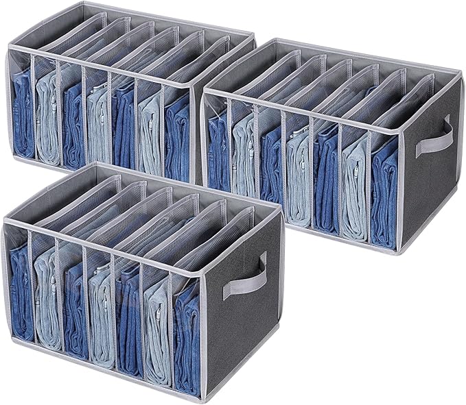 Zilink Upgraded Wardrobe Clothes Organizer with Support Board Clear Jean Organizer for Closet with 7 Grids Pants Organizer for Closet Shelf for Jean Pant Sweater Legging T-Shirt, 3 Pack