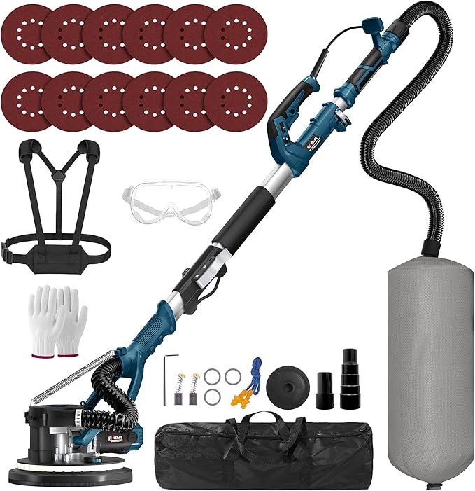 GEVEELIFE Drywall Sander, 880W 7.33A Electric Drywall Sander with Vacuum Dust Collector, 5 Variable Speed 1000-2100RPM, LED Light, Foldable & Extendable Handle, 12 Sanding Discs