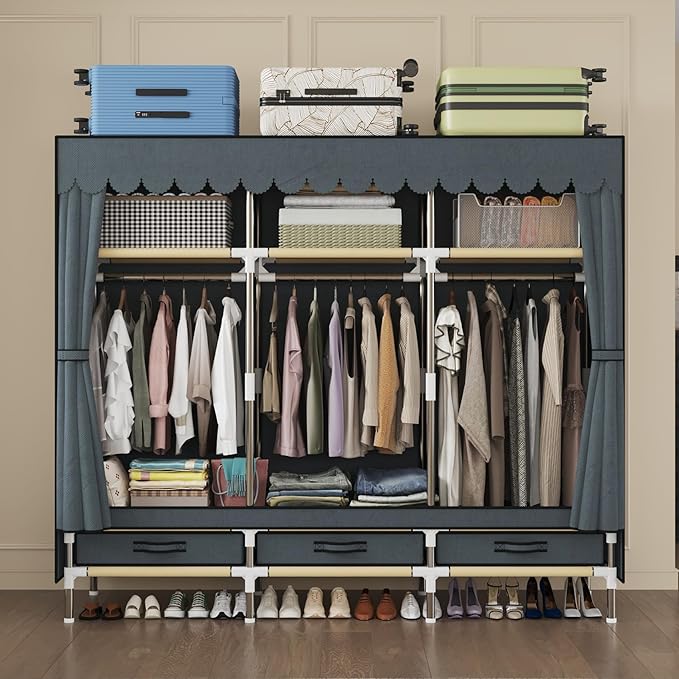 Portable Wardrobe, Freestanding Closet Hanging Organization, Metal Frame with Grey Fabric Cover, 3 Storage Compartments, 3 Hanging Rods, 3 Drawers.