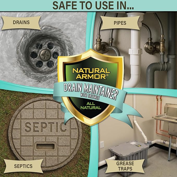 Natural Armor Enzyme Drain Maintainer - Gallon Drain Cleaner with Natural Enzyme Power to Prevent Buildup & Odors - Safe for Sinks, Showers, Grease Traps & Septic - Non-Toxic Formula, 128 fl oz Case