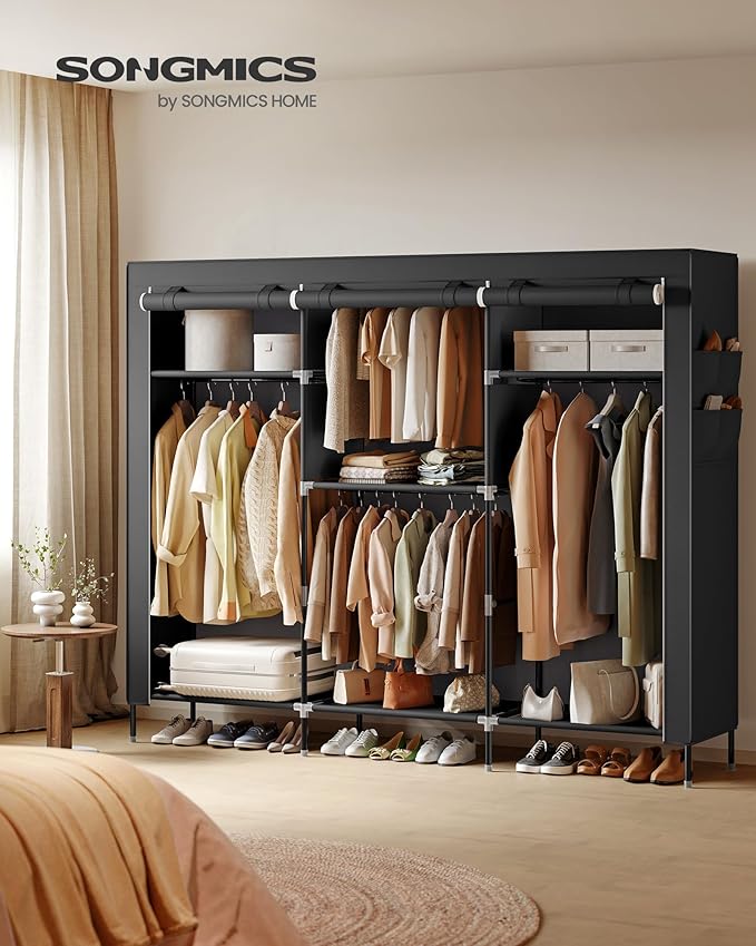 SONGMICS Portable Closet, Fabric Wardrobe, Clothes Rack with Shelves, Pockets, Large Capacity, 4 Hanging Rods, 74.4 x 17.7 x 70.9 Inches, Black URYG011BZ02
