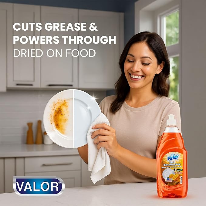 Valor Dishwashing Liquid, 25 fl oz – Dish Soap for Kitchen & Bathroom, Grease-Fighting, Gentle on Hands, Fast Rinse, Eco-Friendly Biodegradable Formula (25 fl oz (Pack of 12), Orange)