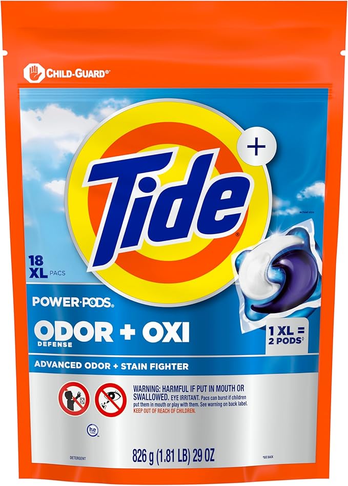 Tide Odor Defense + Oxi Laundry Detergent Pacs, Original Scent, 18 Count, Advanced Odor + Stain Fighter, laudry soap washing detergent pacs
