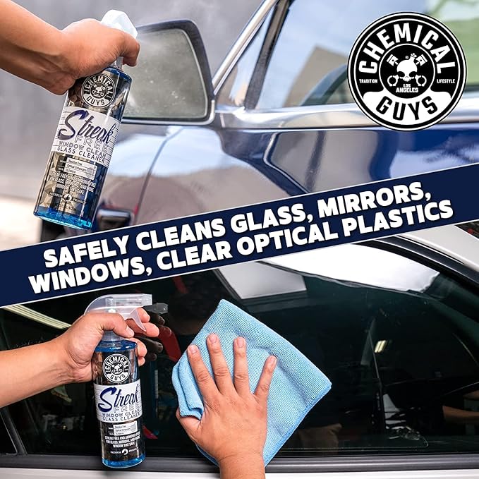 Chemical Guys Streak Free Glass & Window Cleaner (Glass, Windows, Mirrors, Nav Screens & More) Ammonia Free, 16 fl oz + Waffle Weave Glass and Window Microfiber Towel, Blue (24"x16")