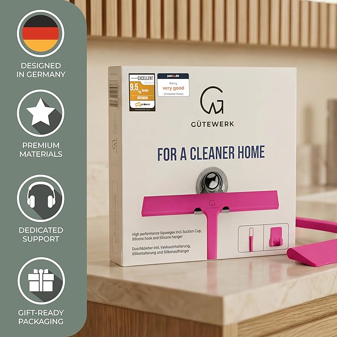 GÜTEWERK Silicone Shower Squeegee for Glass Doors & Mirrors with Stainless Steel Core, Streak-Free & No-Squeak Window Cleaning, 3-in-1 No-Drill Mount (Hook/Suction/Adhesive),Pink, 11 Inches
